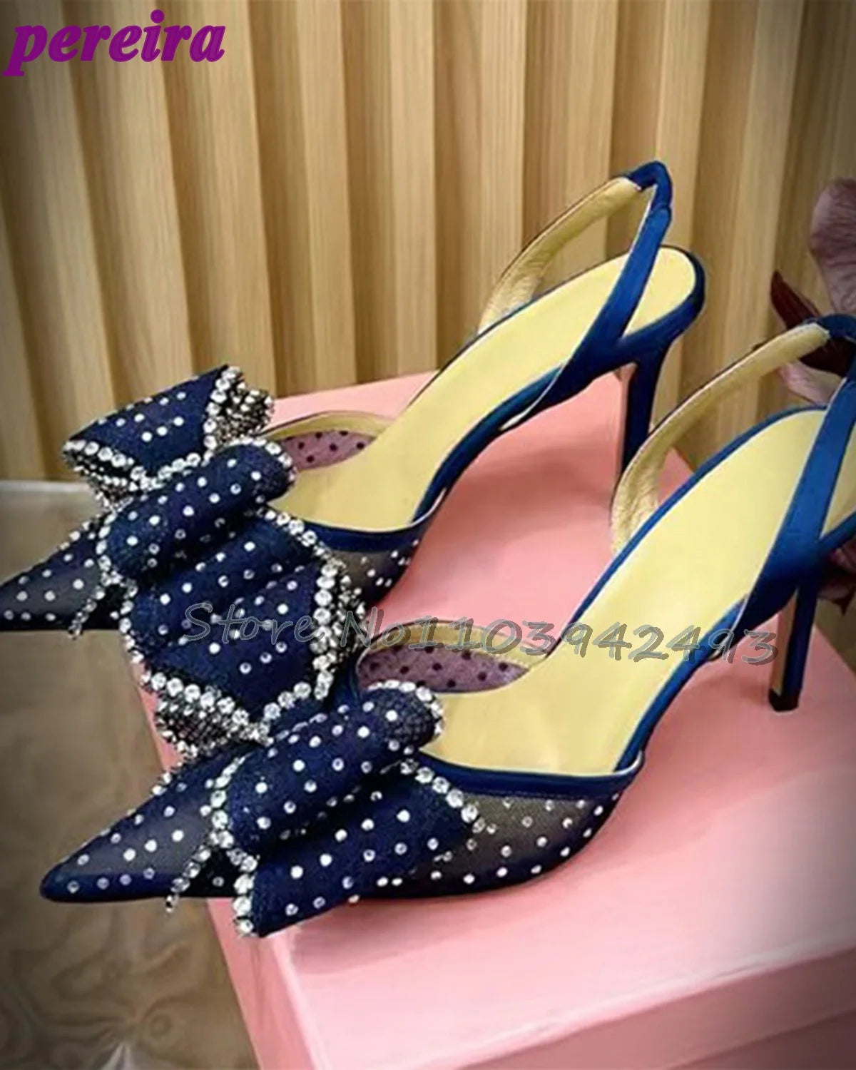 Rhinestones Mesh Heeled Sandals Pink Heels Slip On Pull On Shoes Summer Butterfly-knot Women Luxury Designer Shoe Fairy Sandalia Blue
