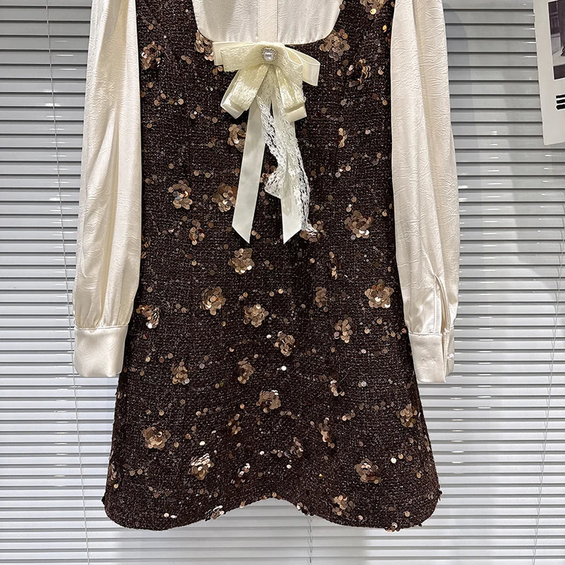 Winter New Fashion Bowknot Shirt Patchwork Sequin Tweed Dress For Women Elegant Casual Long Sleeve Dresses 11A07765