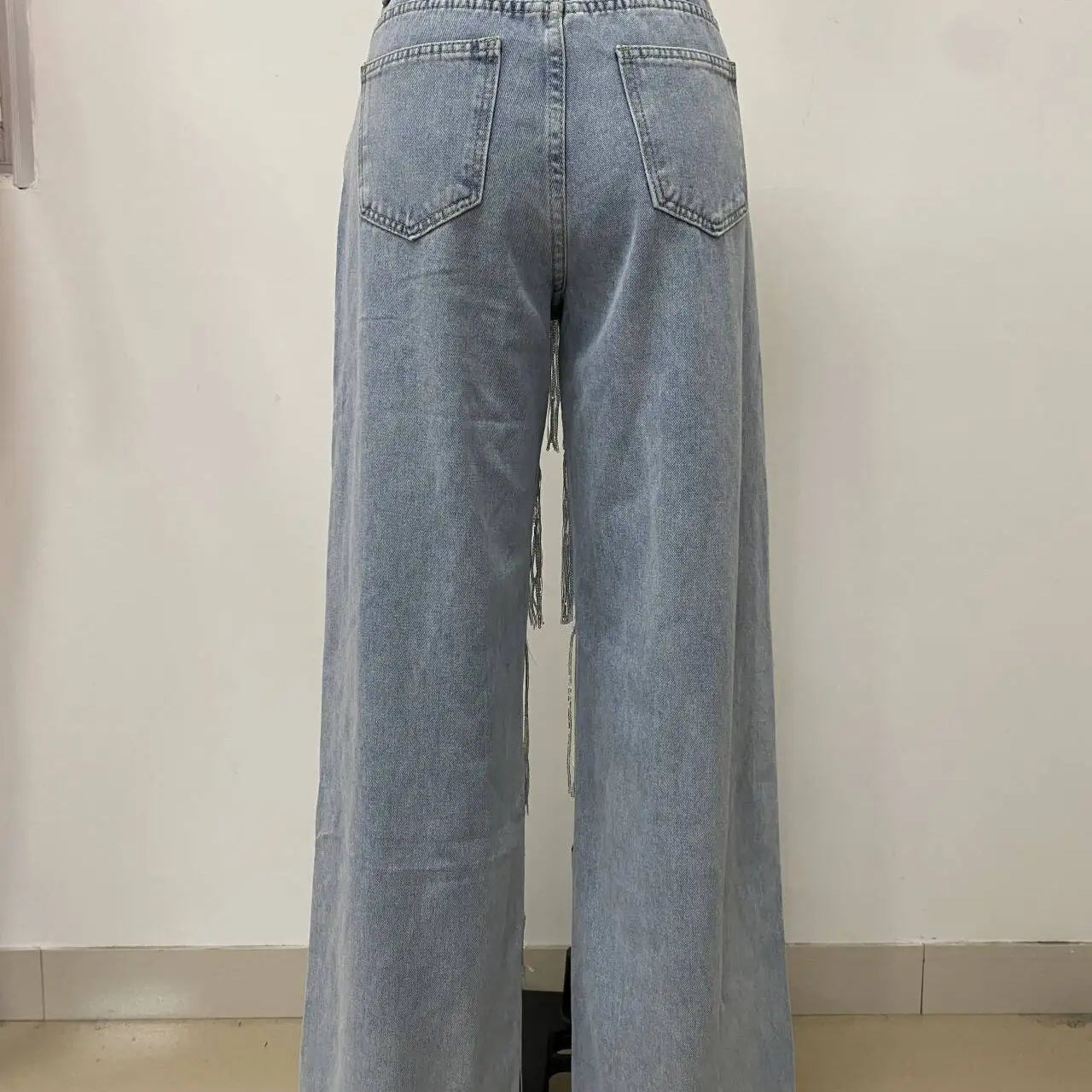 Women Sequins Tassel Wide Leg Blue Denim Pants 2025 Summer Streetwear Party Vintage High Waist Jeans Trousers