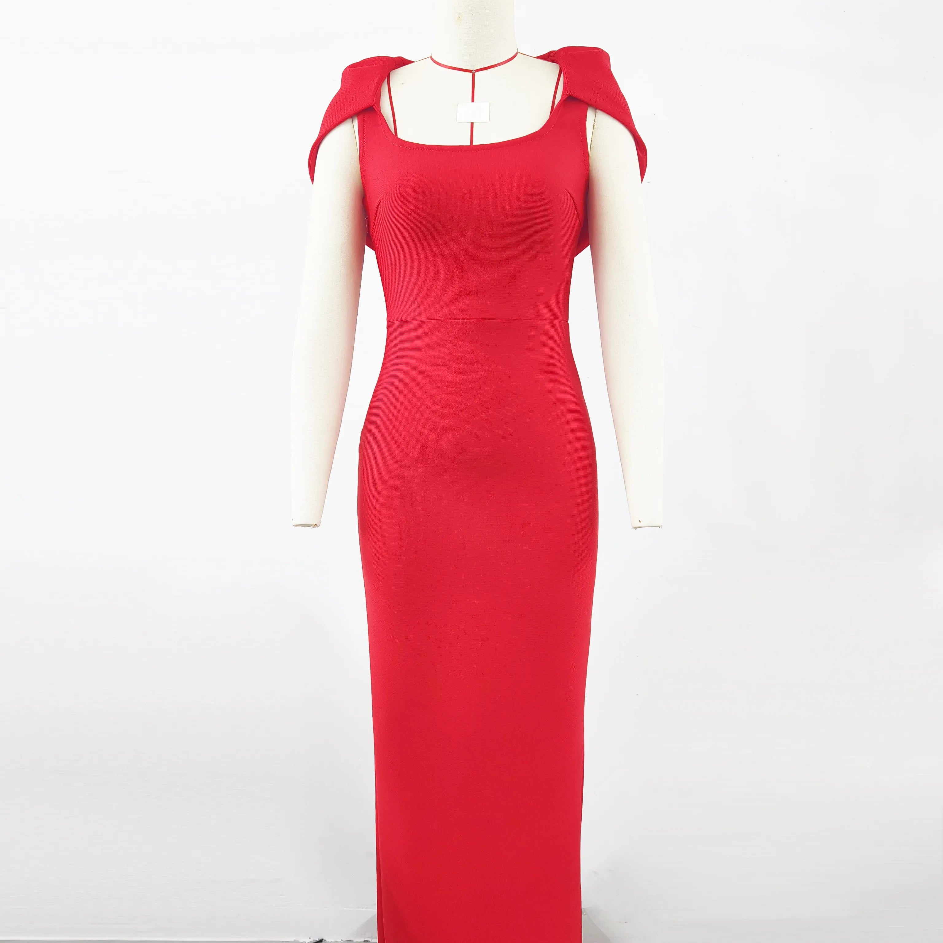 Red Color Women Sexy Square Collar Short Sleeve Bodycon Long Bandage Dress Evening Party Celebrate Wedding Outfit