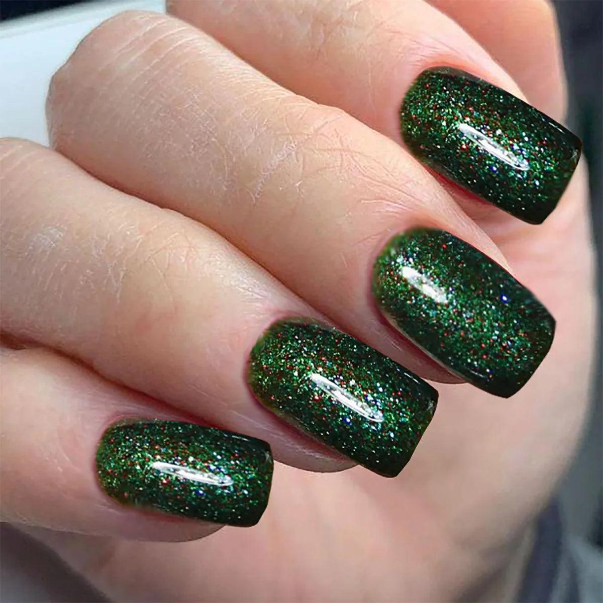 24pcs/set short square fake nails super flash glitter UV nail tips black blue green pink gold faux ongles press on false nail 544 green