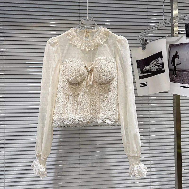 Winter New Fashion Style Elegant Bow Lace Patchwork Chest Pad Chiffon Blouse For Women Short Small Shirt 11A07927 Apricot