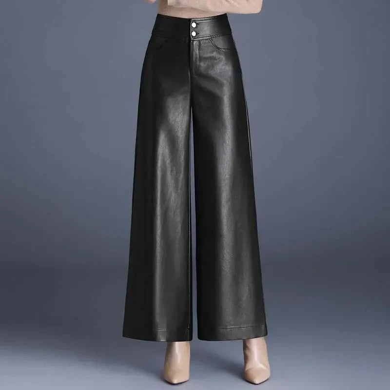 ZUZK Women PU Leather Wed Leg Pants Autumn Winter Fashion Warm Long Leather Pants Elegant LeatherTrousers black