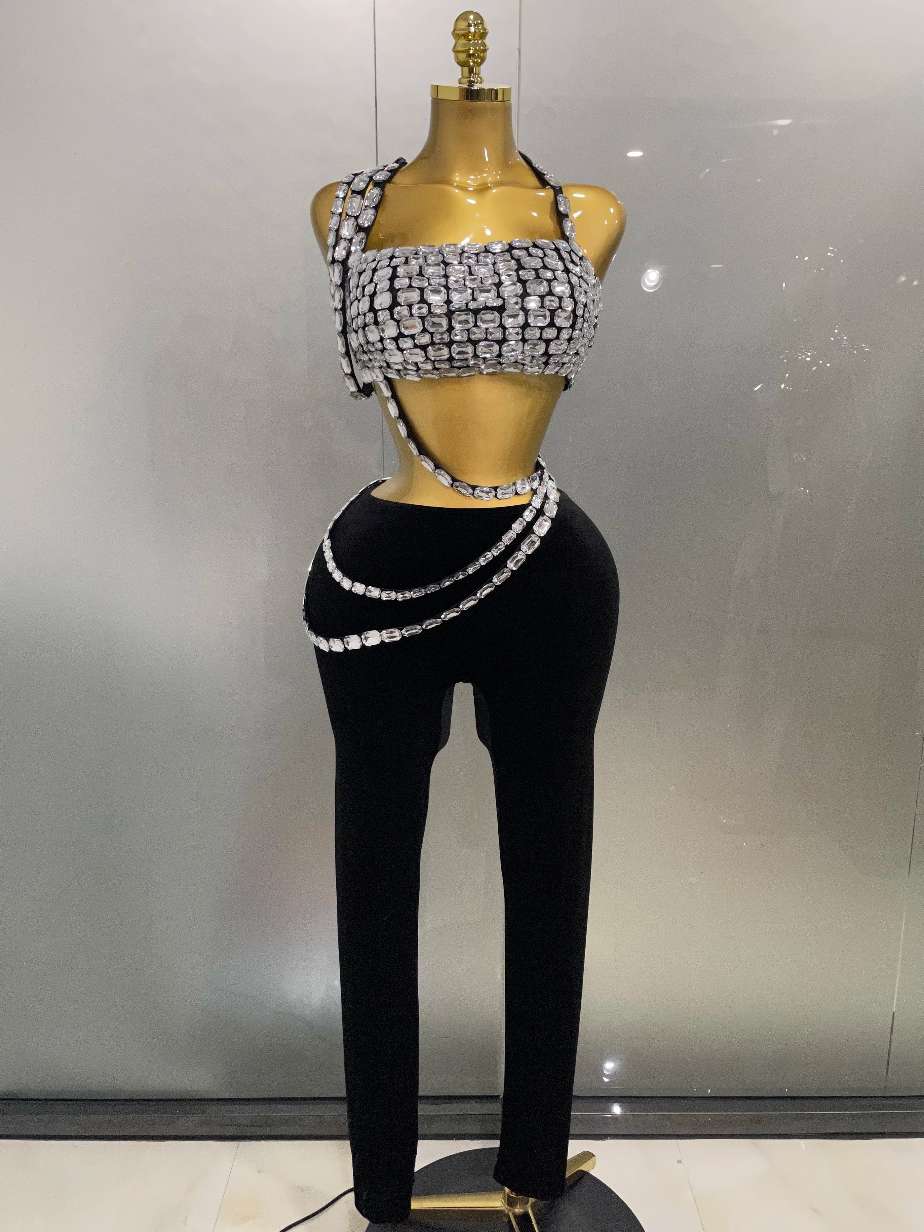 2025 New Luxury Sparkle Diamonds Sexy Crop Top Velour Pant Two Pieces Set Women Celebrate Birthday Party Nightclub Stage Costume black