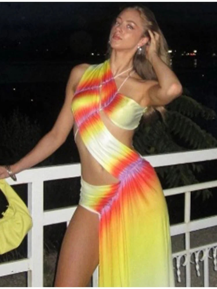 Fashion Gradient Diagonal Collar Dresses Irregular Hollow Out Backless Sleeveless Dresses Spring Summer Lady Party Club Vestidos