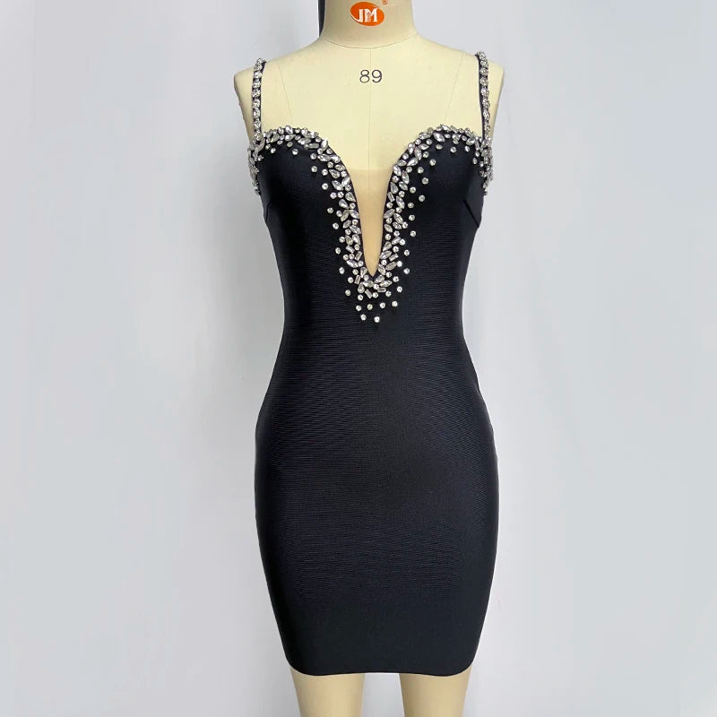 Top Women Sleeveless Sexy Strap V-Neck Bodycon Mini Dress Crystal Bandage Fashion Nightclub Party Birthday Dress