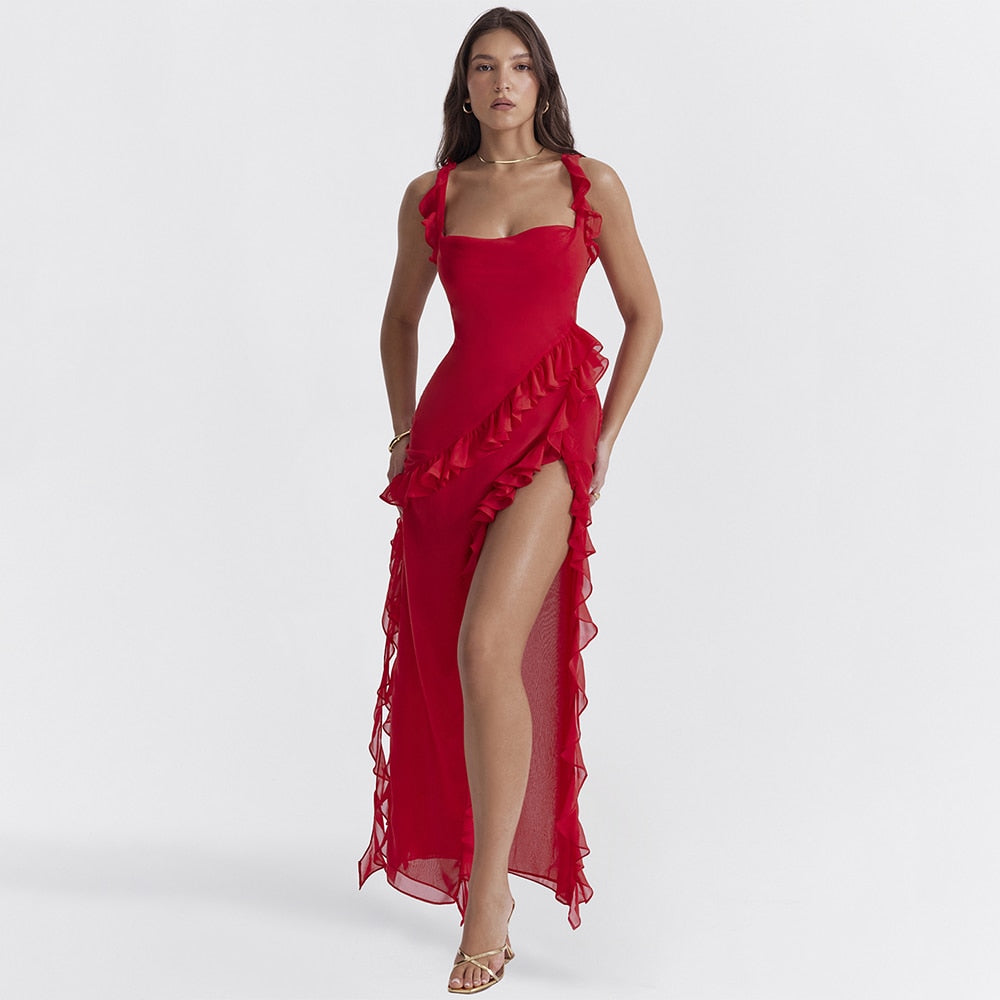 Sexy Slit Long Dress Red Chiffon Skirt Summer Sleeveless Falbala Dresses for Women 2024 Traf Formal Occasion Dresses Vestido