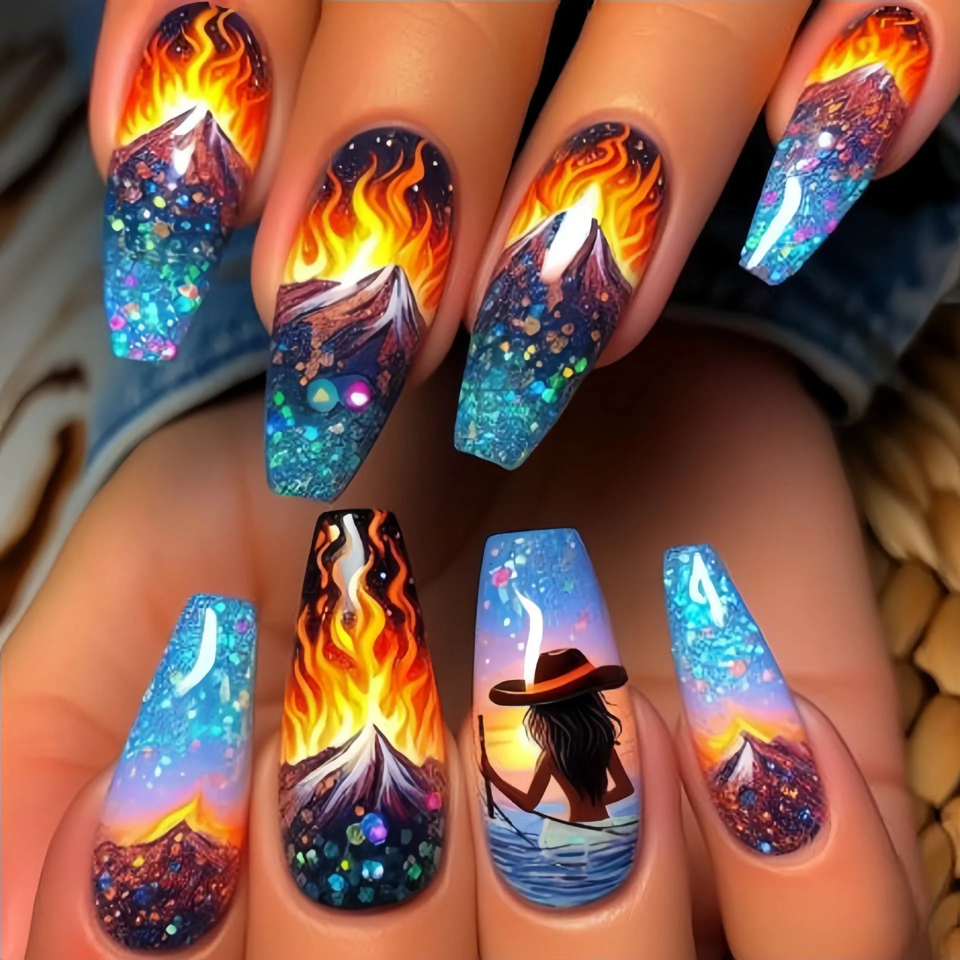 24pcs/set medium long fake nails fashion butterfly feather forest sea wave design gradient blue purple green press on false nail 1782