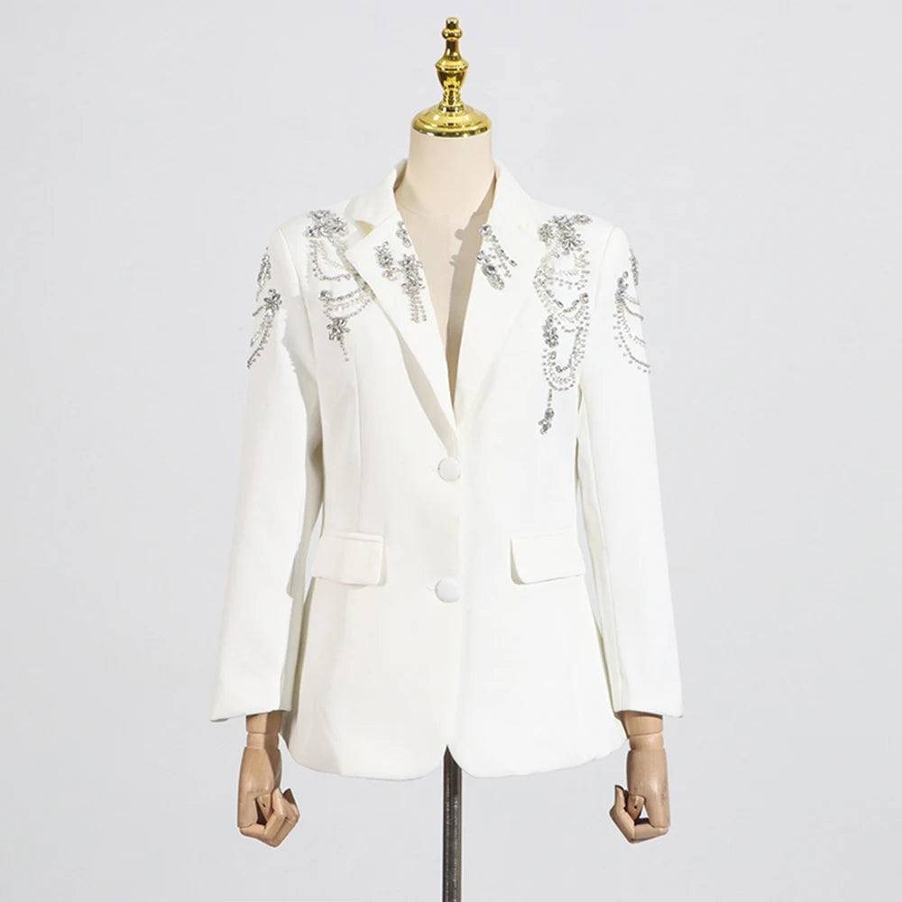 Solid Spliced Diamond Luxurious Jackets for Women Lapel Long Sleeve Patchwork Pocket Elegant Jacket Female Clothing WHITE
