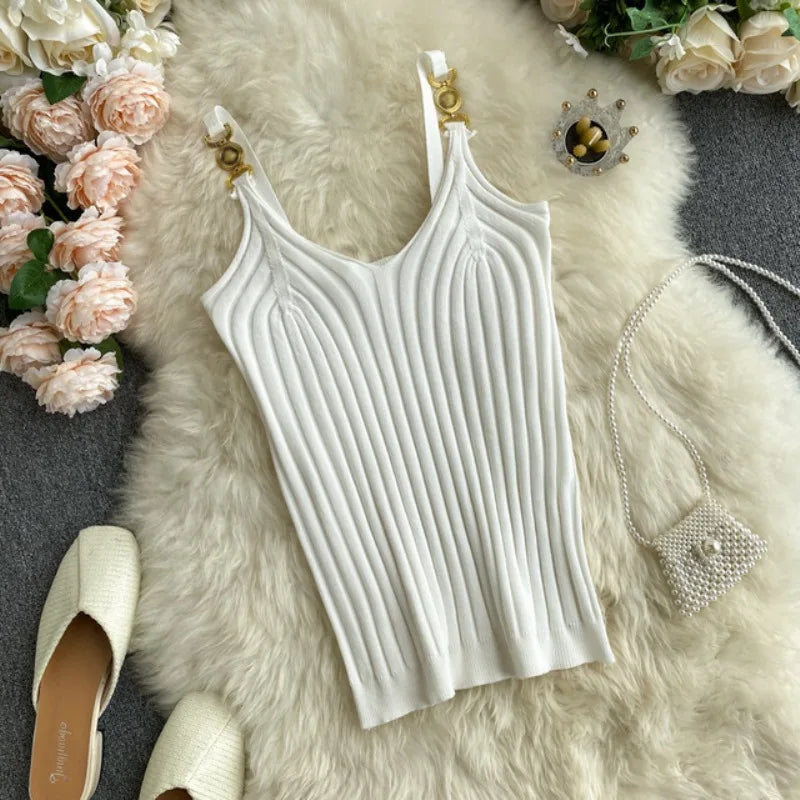 V-neck Halter Sexy Camisole Top 2022 Summer Women Sexy off-Shoulder Solid Color Sleeveless Camis Women's Clothing Tanks Tops WHITE One Size