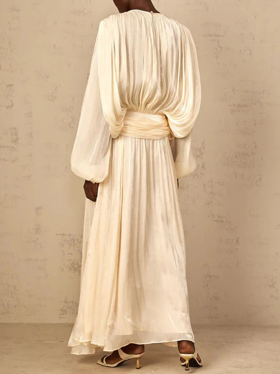 Solid Loose Spliced Folds Elegant Dresses for Women Round Neck Long Sleeves Patchwork Lace Up Dress Female Fashion