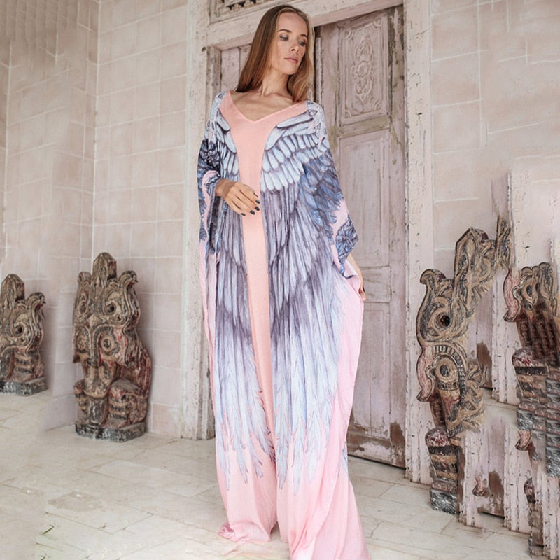 Wings Cover-ups Beach Long Boho Kaftan Dress Kimono Mujer Pareos De Playa 1771 One Size