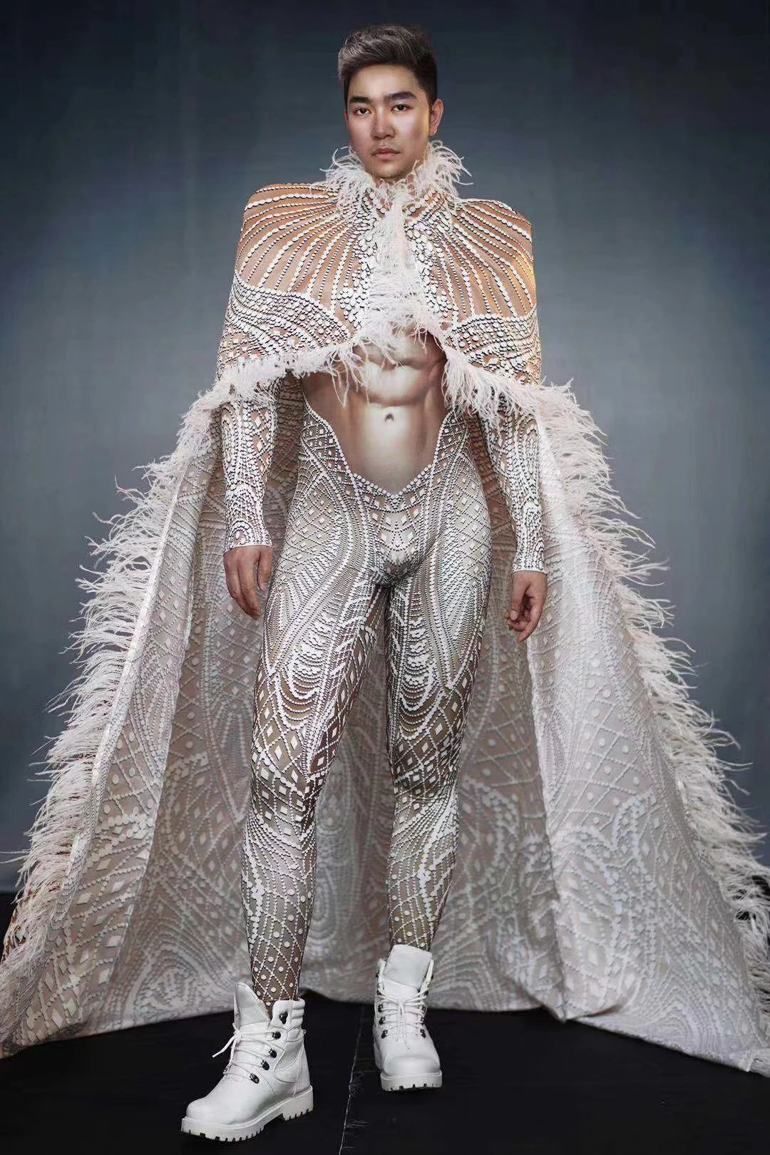 Fashion White Printed Tight Jumpsuit with Feather Long Cloak Unisex Stage Performance Dance Costume Set for Men And Women Xuenv Men One Size