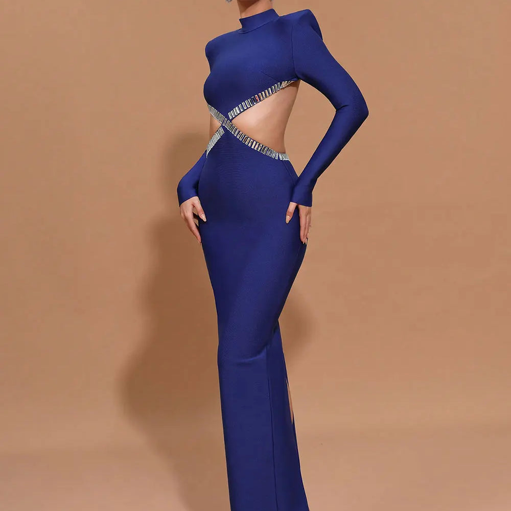 2025 Women'S Light Luxury Nail Bead Sexy Backless Bandage Dress Stand Collar Long Sleeved Bodycon Backless Long Dress Vestidos