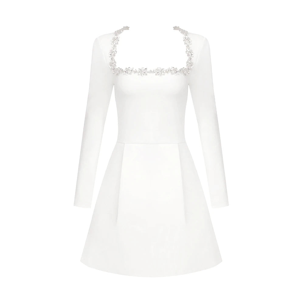 Elegant Dresses For Women Square Collar Long Sleeves Short A-Line Slim White Wedding Party Gown Fashion 2024 WHITE