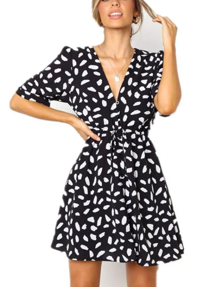 White Sand Spot Mini Summer Dresses Women V Neck Casual Beach Sundress Sexy Botton Wrap Bodycon Dress Female black