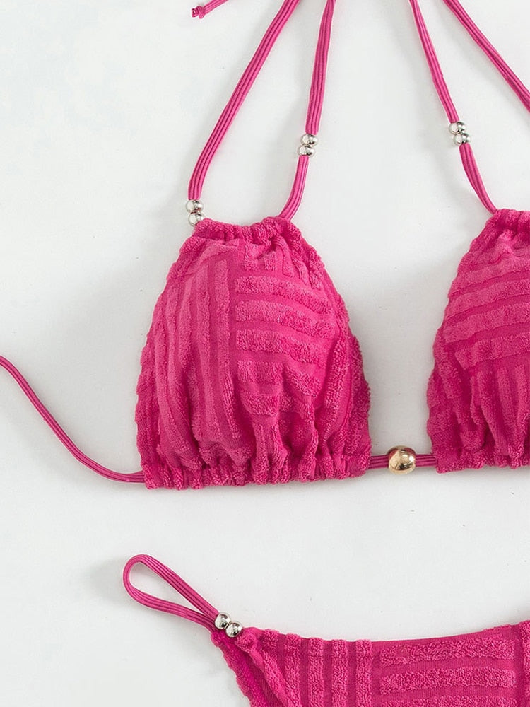 Pink Tied Hollow Halter Bikini Sexy High Cut Thong Swimsuit - Swimwear Biquinis Push UP Beach Bathing Suit