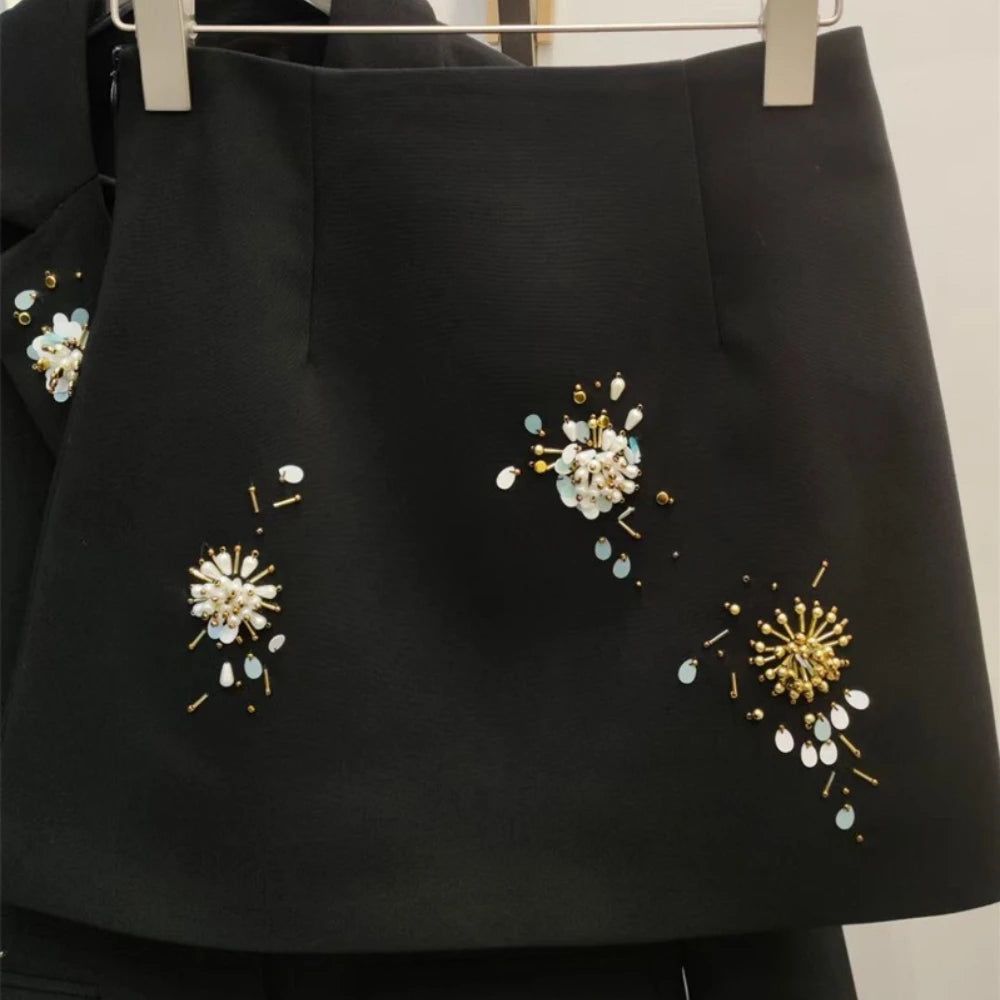 Spliced Bead Two Piece Sets for Women Lapel Long Sleeve Patchwork Single Breasted Top High Waist Skirt Set Female