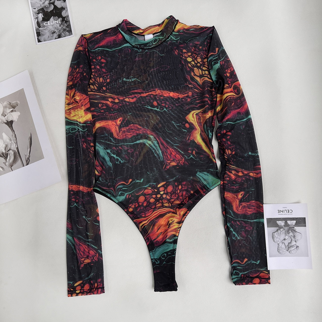 Body teint par nouage pour femme, Lingerie à manches longues, non censurée, ajustée, sans entrejambe, maille, hauts Sexy, tenue transparente