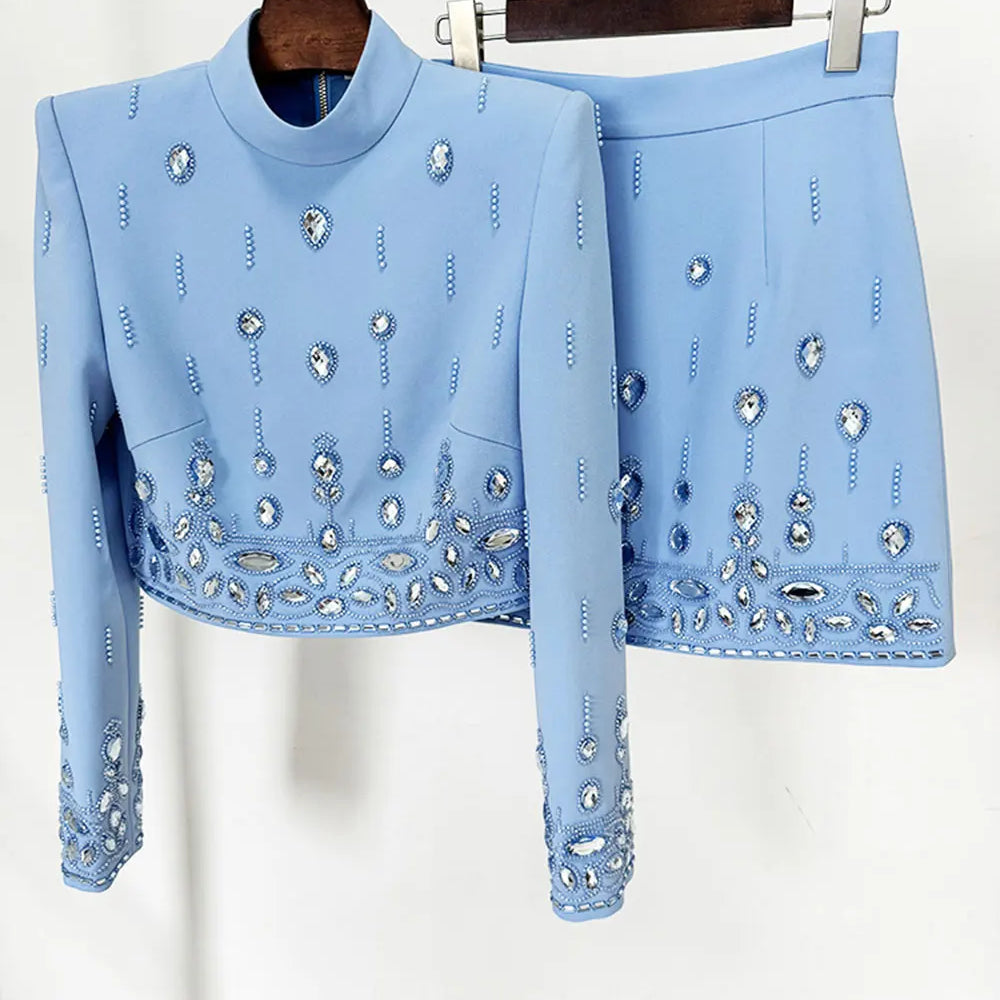 2025 Autumn Elegant Women's Nail Pearl Water Diamond Blue Skirt Sets O-neck Long Sleeve Hoodie Top+Mini Skirt Two Piece Set SKY BLUE