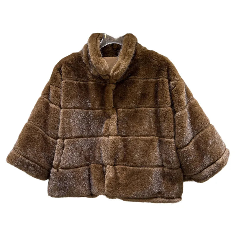 Winter New Fashion Versatile Stand Collar Faux Fur Shawl Coat For Women High Quality Solid Color Top Female 11A07758