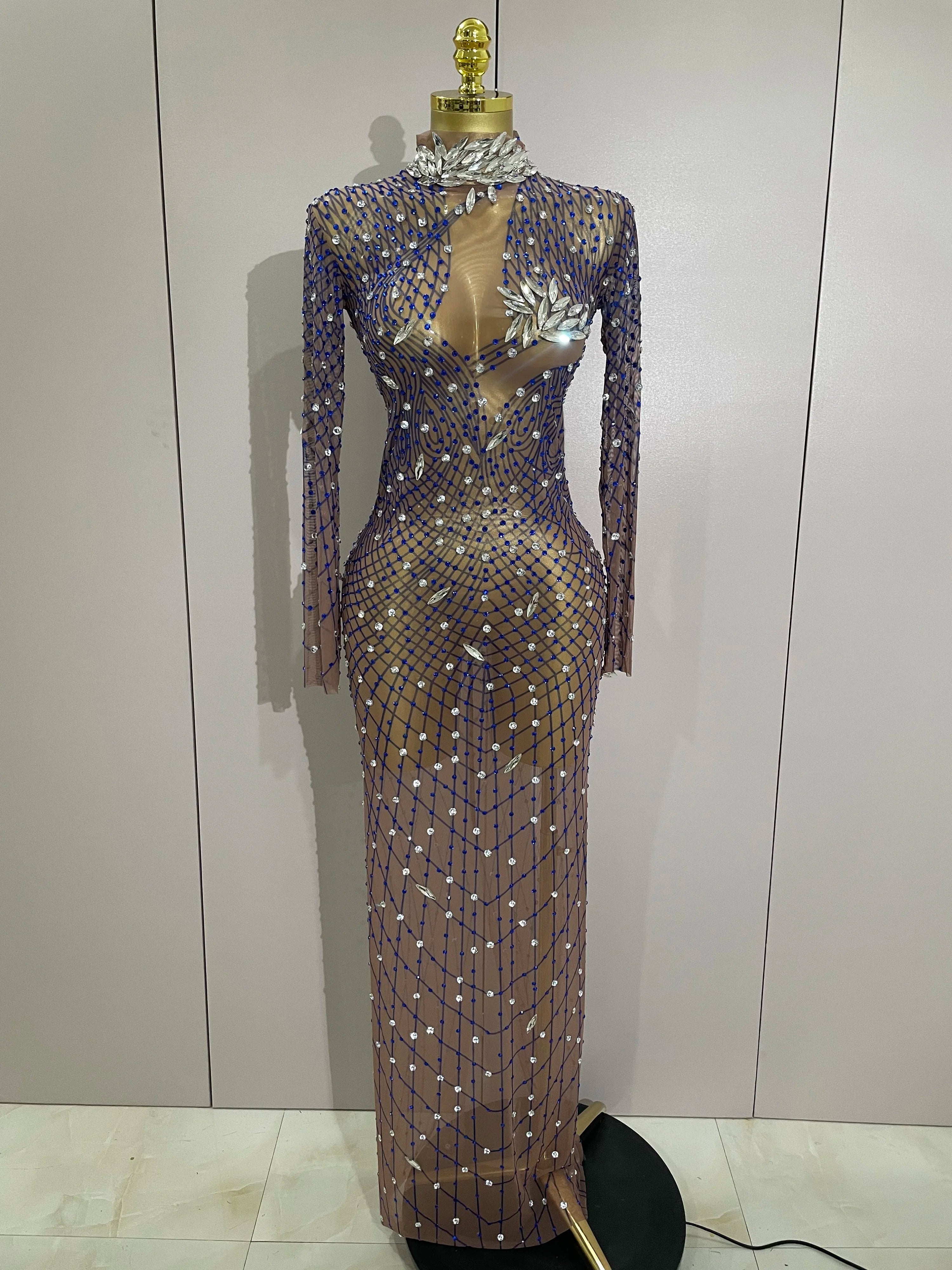 Shining Rhinestones Sexy Mesh See Through Long Dress Women Birthday Celebrate Evening Singer Show Stage Wear Photo Shoot Dress Blue