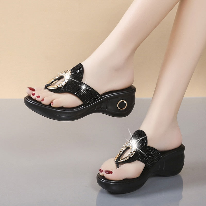 Women's Open Toe Slippers Sequins Decor Platform Ladylike Sweet 2022 New Summer Fashion Popular Comfy High Thick Heel Slippers Black