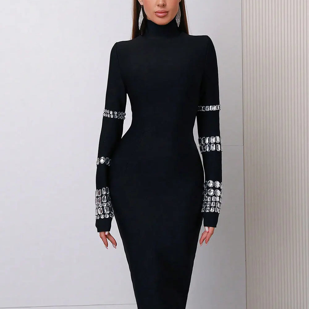2025 Elegant Women's Bead Design Bandage Dress High Neck Long Sleeve Bodycon Flute Dress Cocktail Evening Party Vestidos black