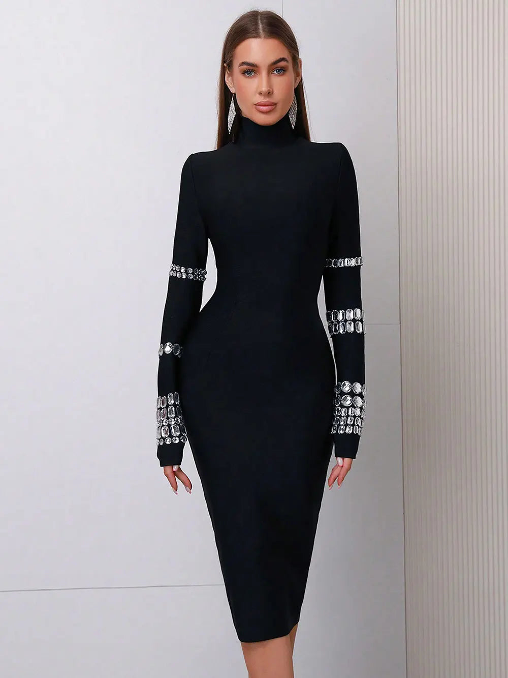 2025 Elegant Women's Bead Design Bandage Dress High Neck Long Sleeve Bodycon Flute Dress Cocktail Evening Party Vestidos black