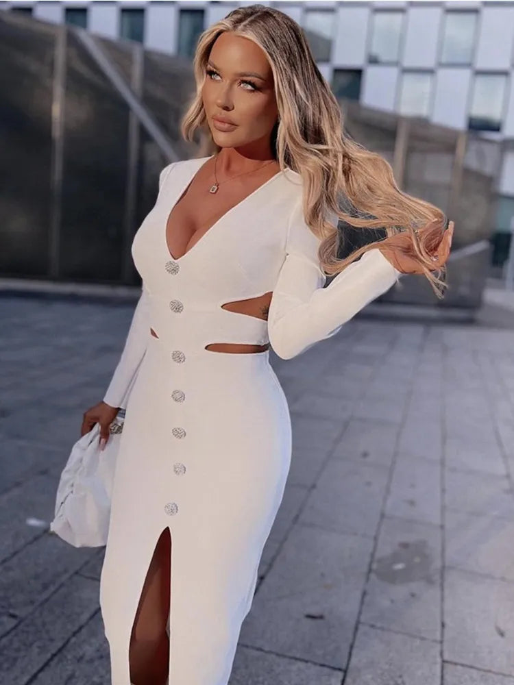 Women Winter Bandage Dress 2022 Sexy V Neck Long Sleeve Cut Out White Diamonds Midi Elegant Evening Party Club Dress Vestidos