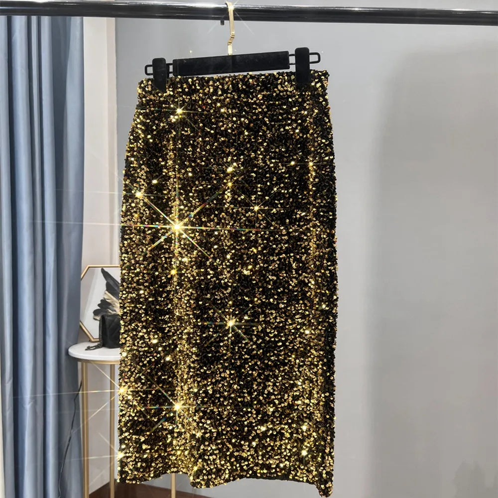 French High-waisted Slim Skirt High-quality Shiny All-match Mid-length Thickened Hip Skirt Split Black Sequin Skirt Women