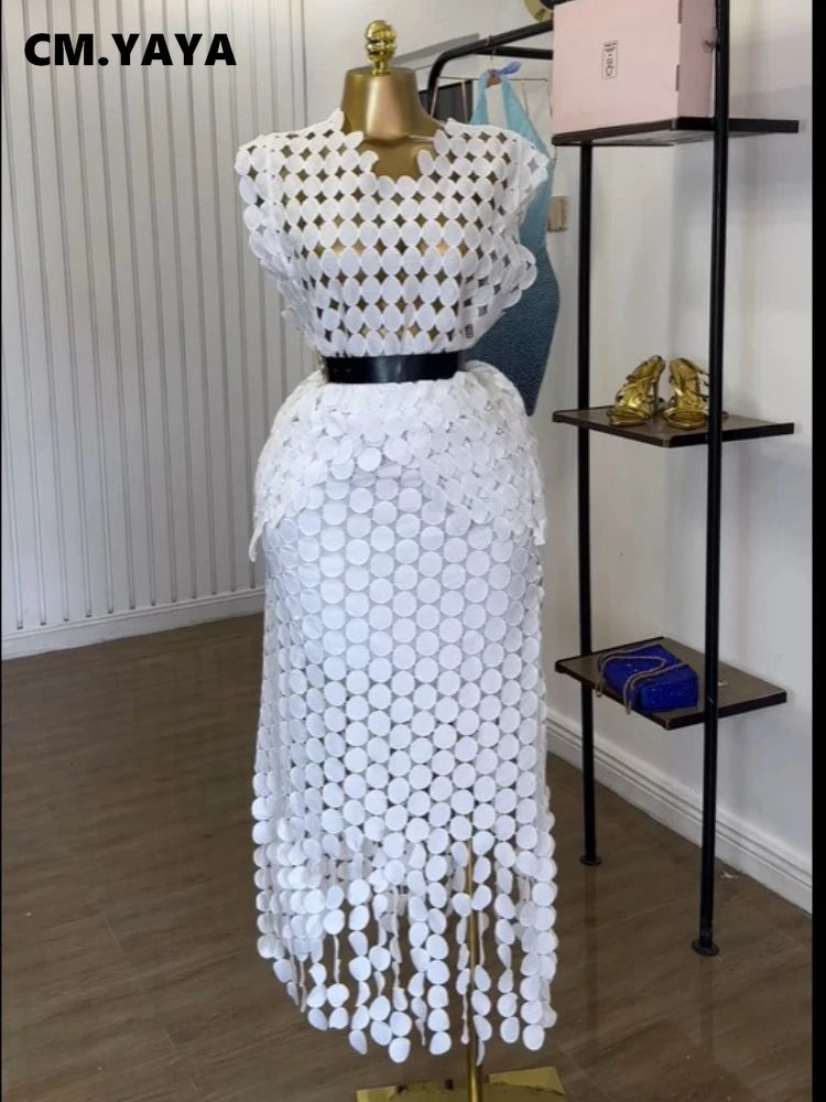 CM.YAYA Women Cutout O-neck Crop Top and Bodycon Midi Slim Maxi Long Skirt Suit 2025 Summer Vacation Sexy Two 2Piece Set Outfits