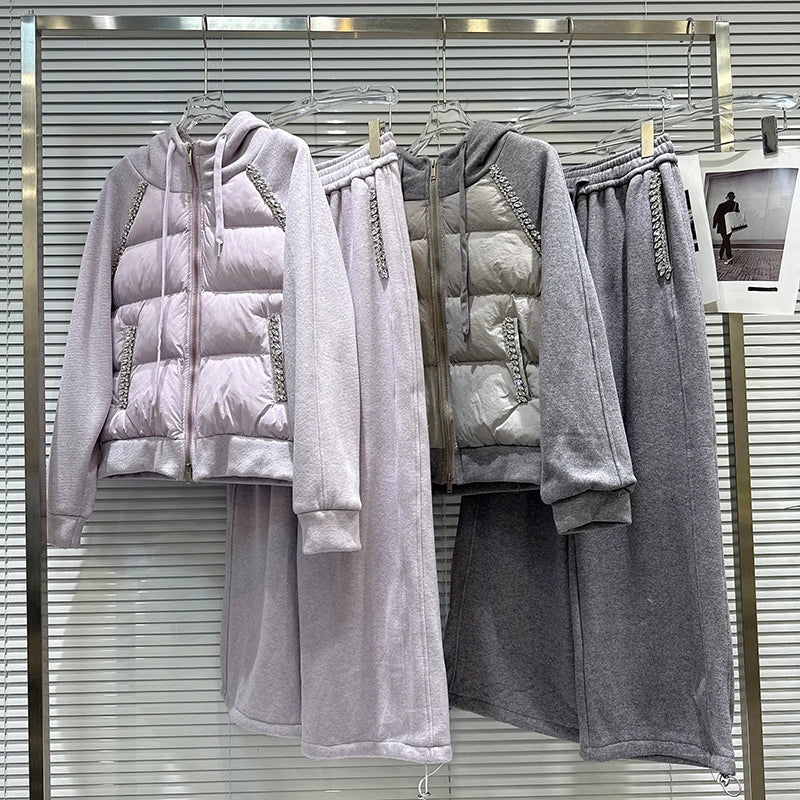 Winter New Fashion Rhinestone Hooded Patchwork Cotton Sweatshirt Fleece-Lined Wide-Leg Pants Set For Women 11A07920