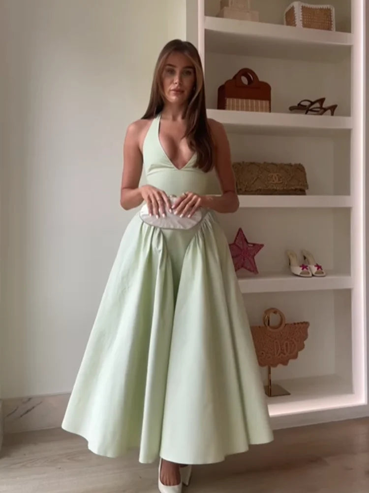 Women's High Waisted V-neck Lace Up Halter Dresses Sexy Sleeveless Backless A-line Dress Summer New Fashion Beach Vacation Robes Black