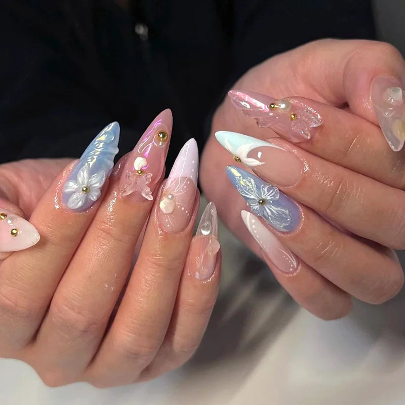 24Pcs Mid-length Almond Fake Nail Tips Pink French 3D Press on False Nails with Bow Design Wearable Oval Head Manicure Art 3267