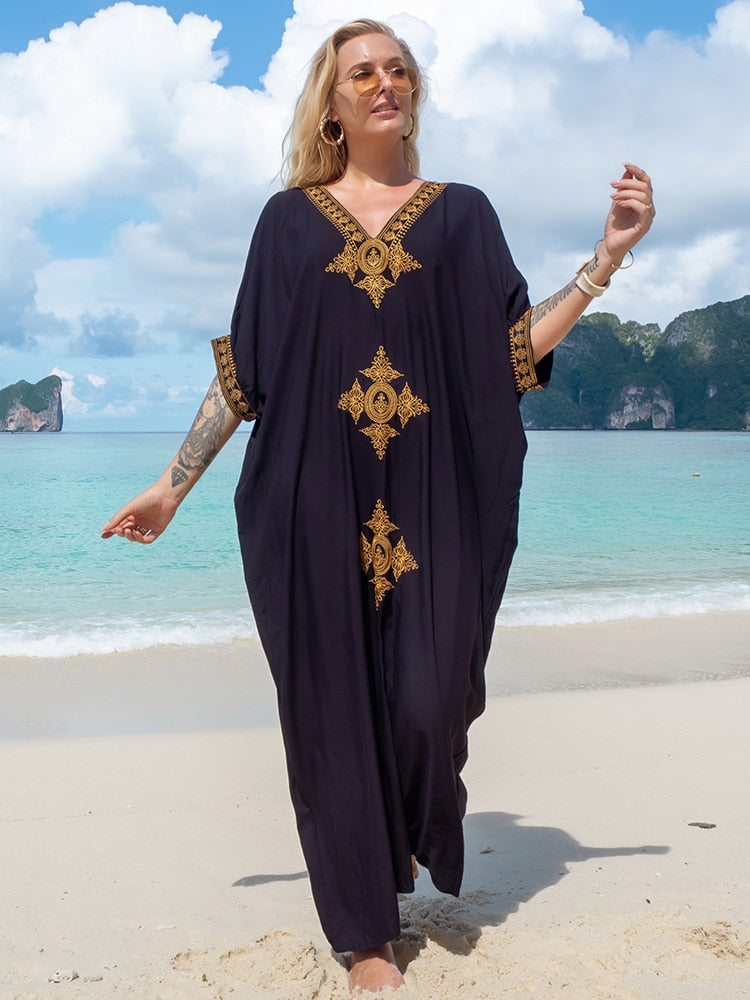 Vintage Embroidery Kaftan Sexy V-neck Batwing Sleeve High Waist Maxi Dress Tunic Women Clothing Summer Beach Dresses Q660 Q1373-Black One Size