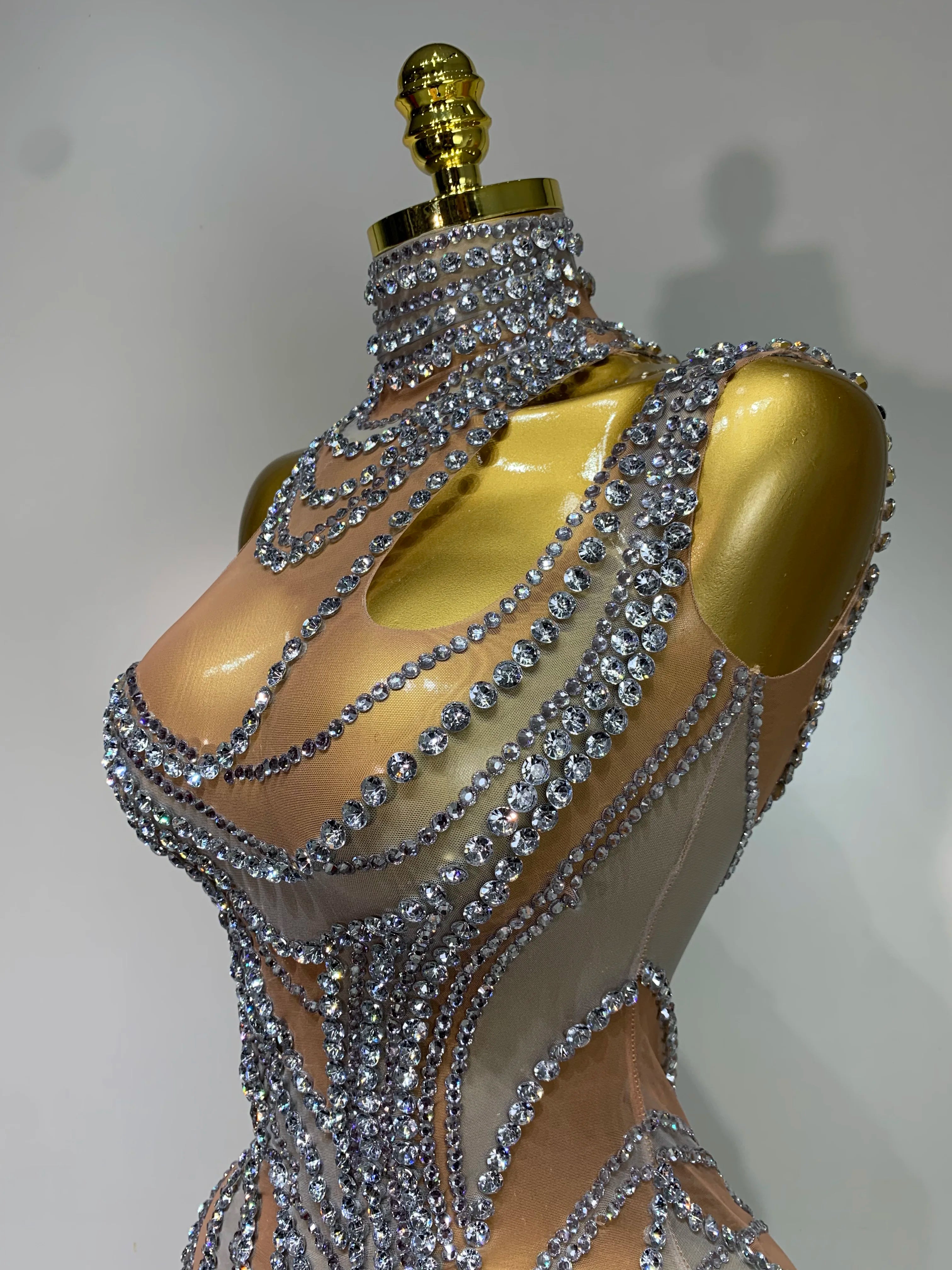 Sparkly Crystals See Through Women Cocktail Dresses Celebrate Birthday Party Gowns Singer Performance Stretch Stage Costume