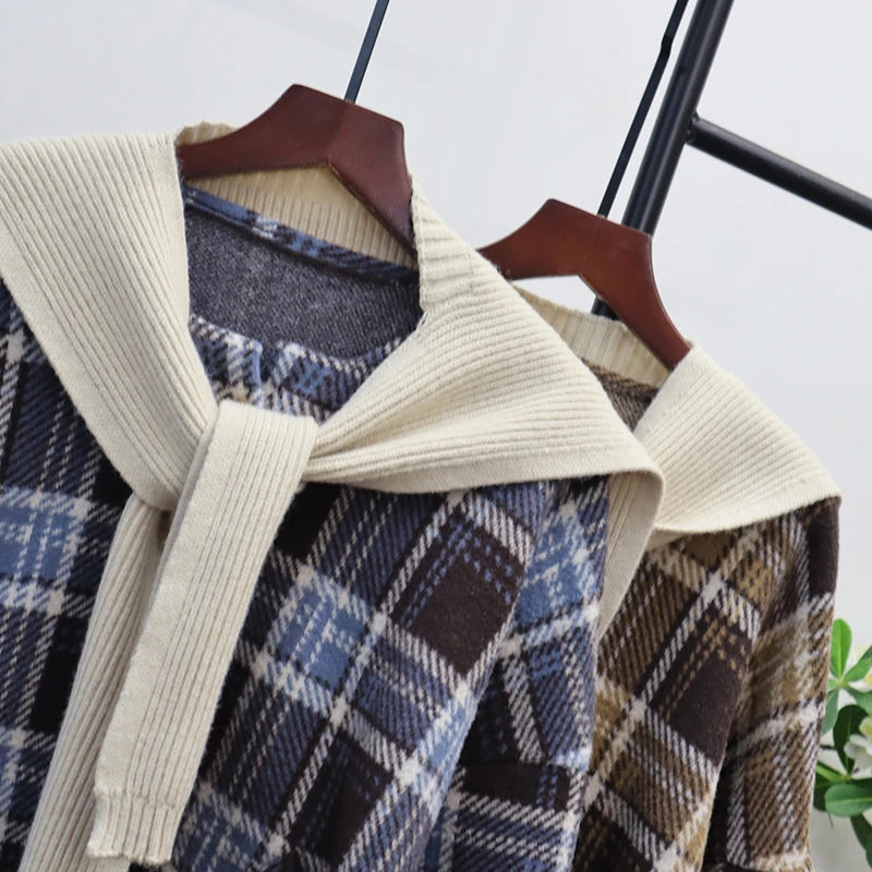 Autumn Winter New Plaid Knitted Double-Sided Shawl Cardigan For Women Loose Sweater Coat Female Trendy 11A07623