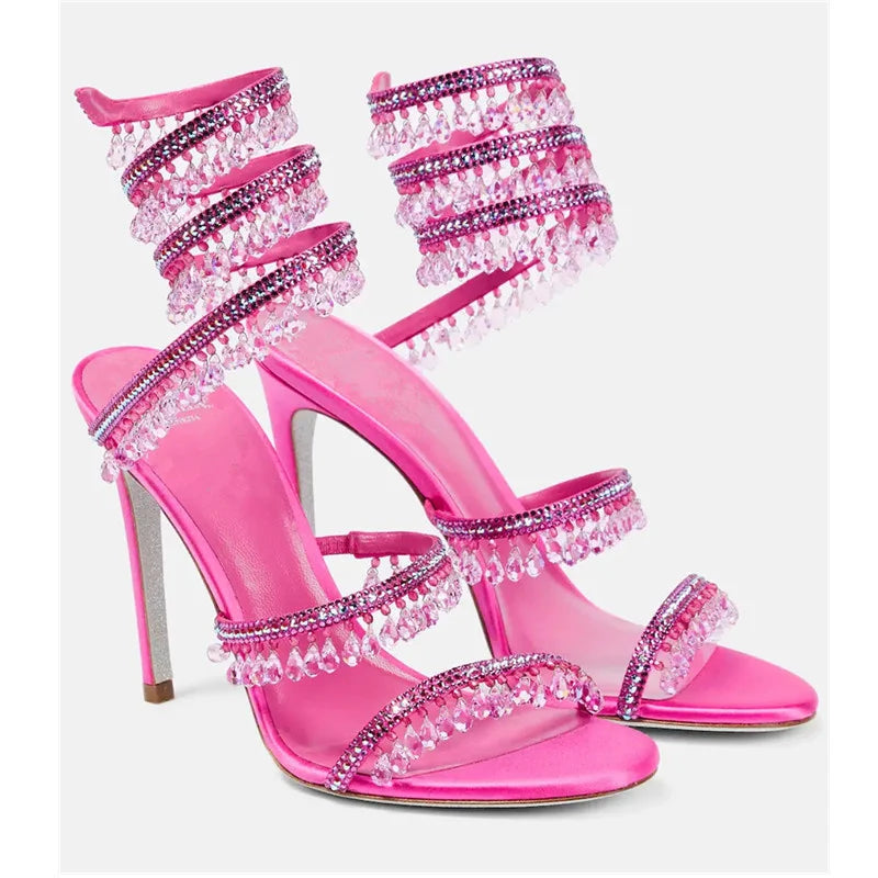 Crystal Wrap Sandals Women Summer 2024 Wedding Shoes High Heel Party Shoes Ankle Strappy Sandals Designer Stiletto Heel Shoes