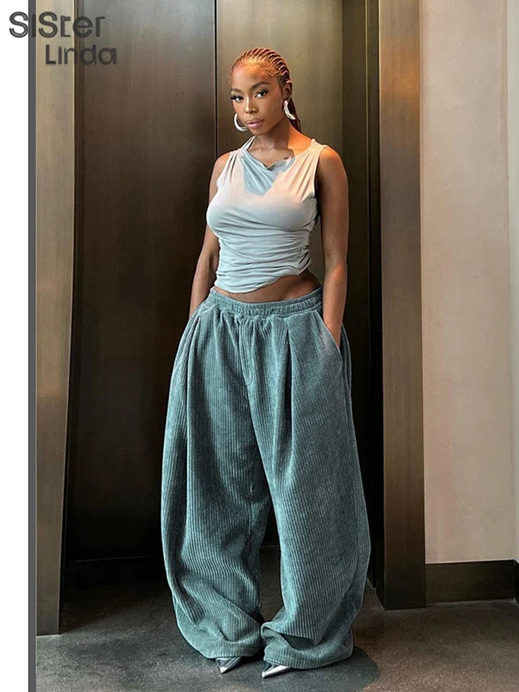Sisterlinda Casual Y2K Wide-Leg Corduroy Pant Women 2024Spring Loose Basic Pocket High Waist Trousers All-Match Oversize Bottoms Blue