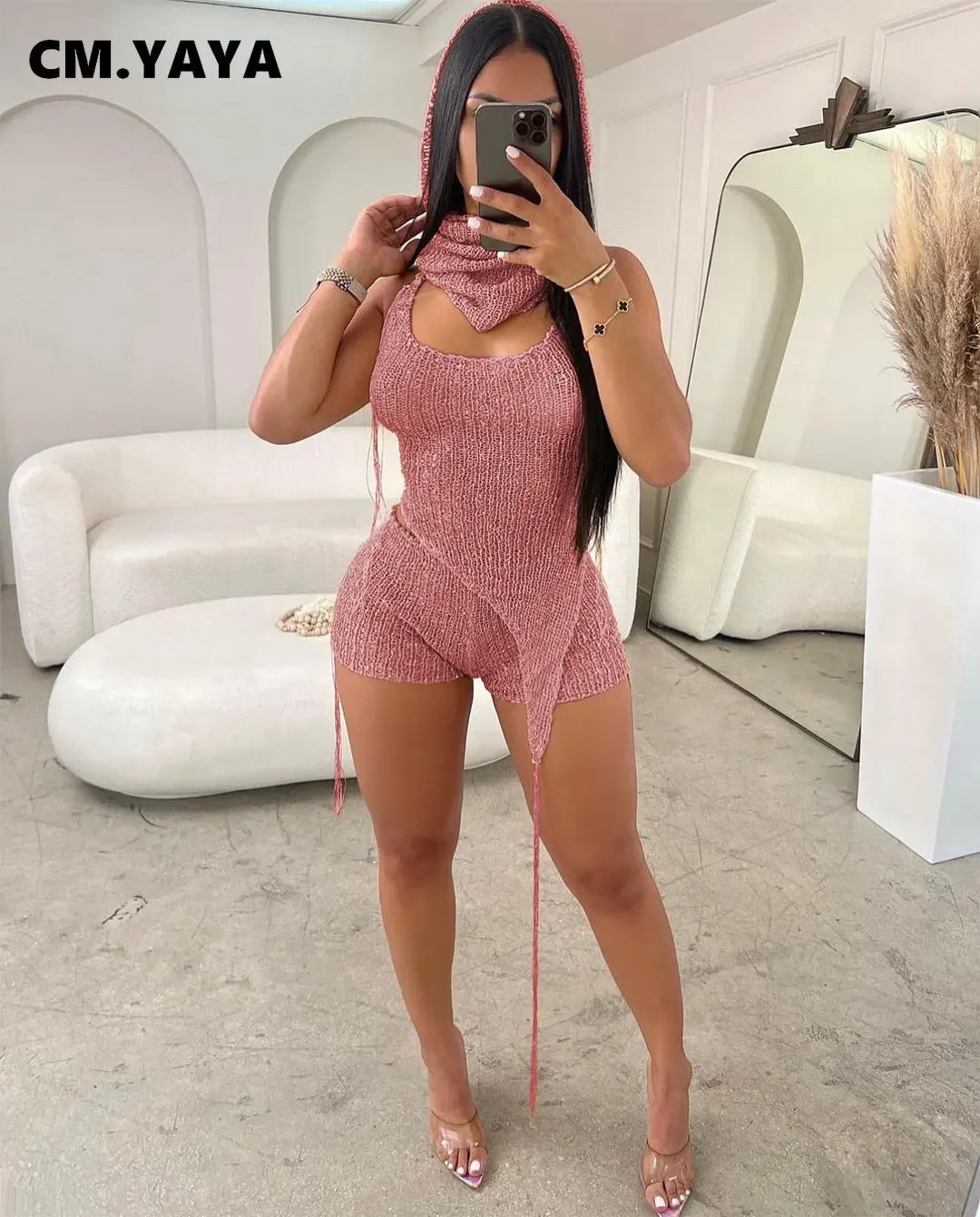 Knit Ribbed Women's Set Halter Neck Backless Crop Top with Hat Shorts Suit 2023 Summer Two 2 Piece Set Outfit Tracksuit