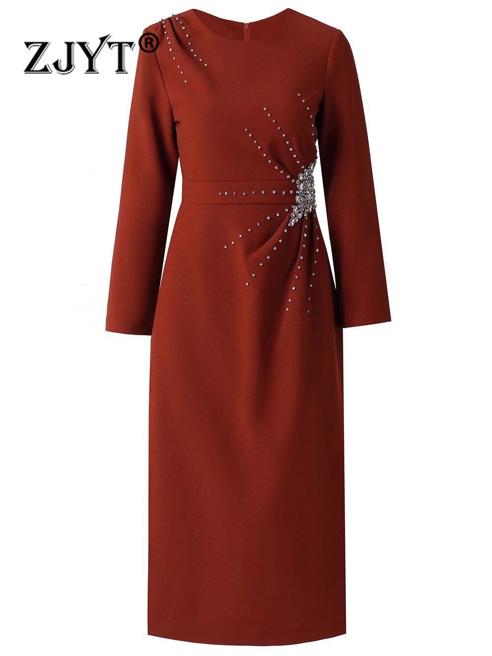 ZJYT Autumn Luxury Diamonds Party Formal Occasion Dresses for Women 2024 Elegant Christmas Red Cocktail Vestidos Fiesta Robe brown