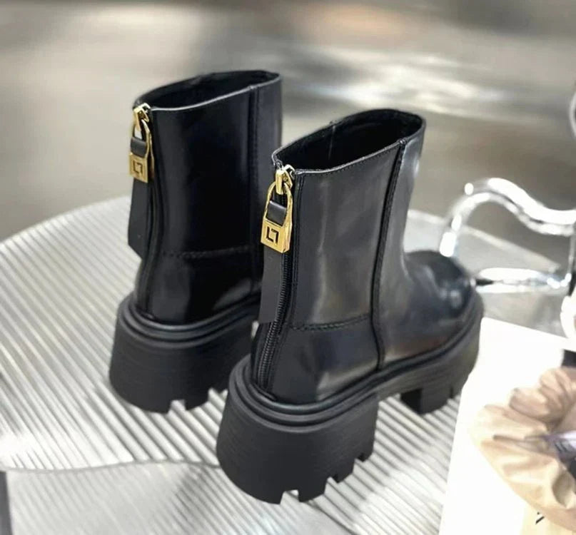 Brand Design Ankle Boots For Women Slip On Black Leather Platform Boots Women Chunky Heel Women Chelsea Boots Winter Shoes
