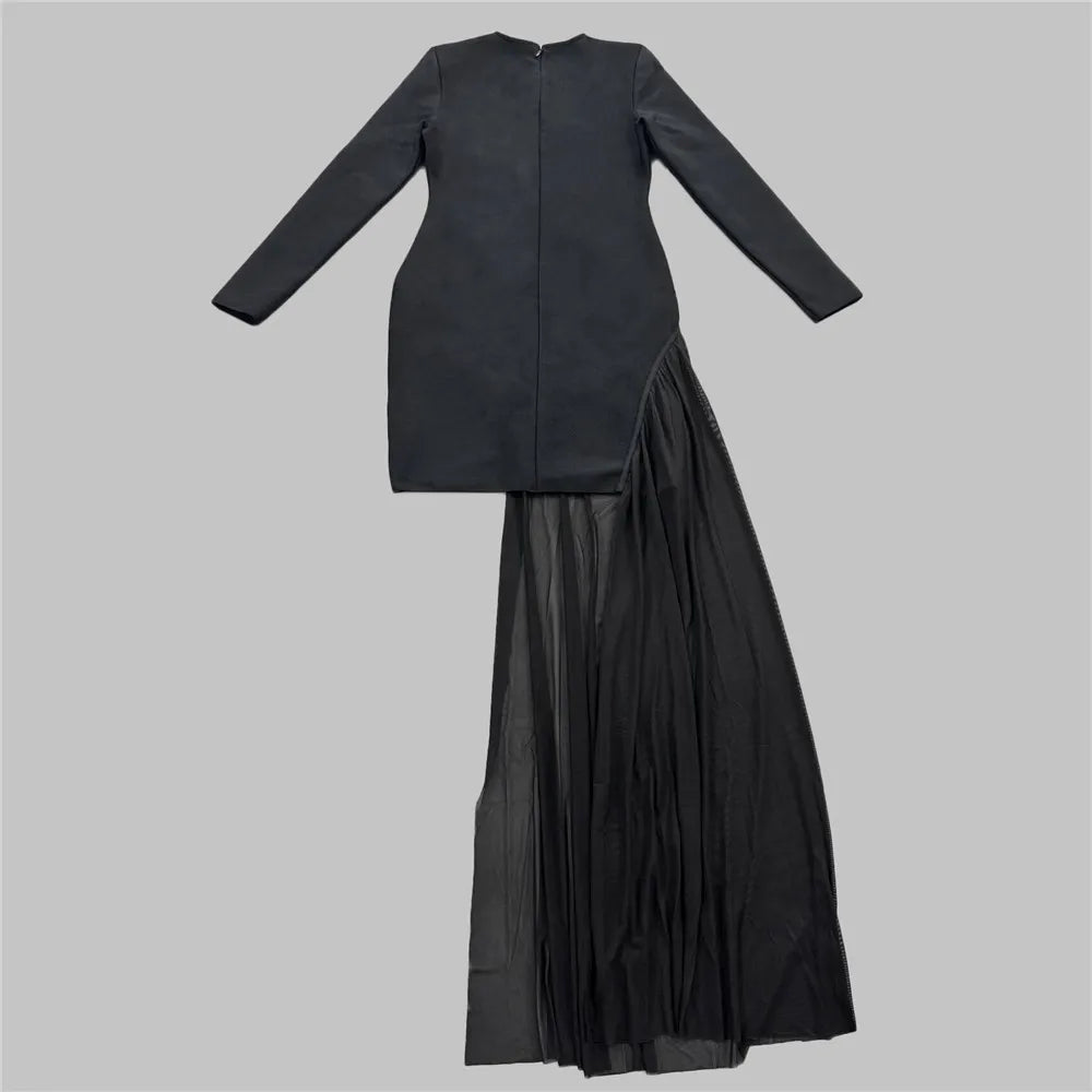 Black Color Women Long Sleeve Sexy Shinning Diamond Draped Bodycon Mini Dress Bandage Fashion Nightclub Party Outfit