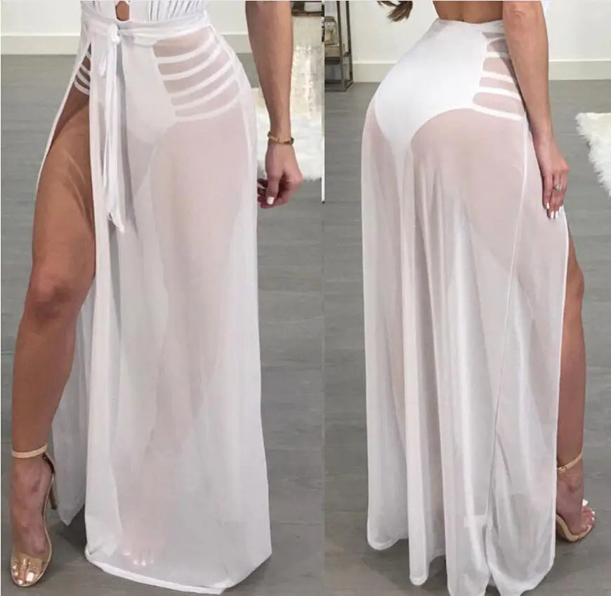 Lace Girls Summer Long Lace Skirt Women 2018 Mesh Voile Casual Skirts High Waist Bohemian Sexy Transparent Maxi Beach Skirt