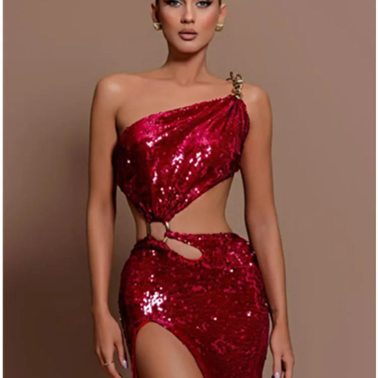 Sexy One Shoulder Cut Out Red Mesh Sequins Red Maxi Long Women Celebrity Dress Elegant Party Evening Club Vestido