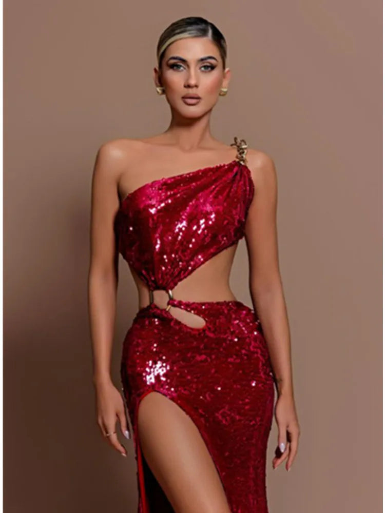 Sexy One Shoulder Cut Out Red Mesh Sequins Red Maxi Long Women Celebrity Dress Elegant Party Evening Club Vestido