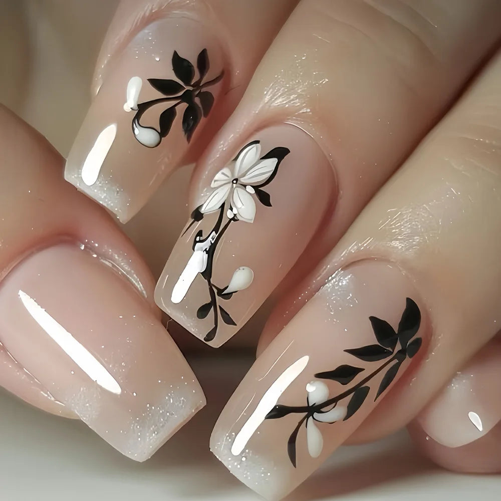 24Pcs Glitter Leaves Fake Nail with Designs Simple Roses Press on Ballet False Nail Patch Wearable Finished Full Cover Nail Tips 6