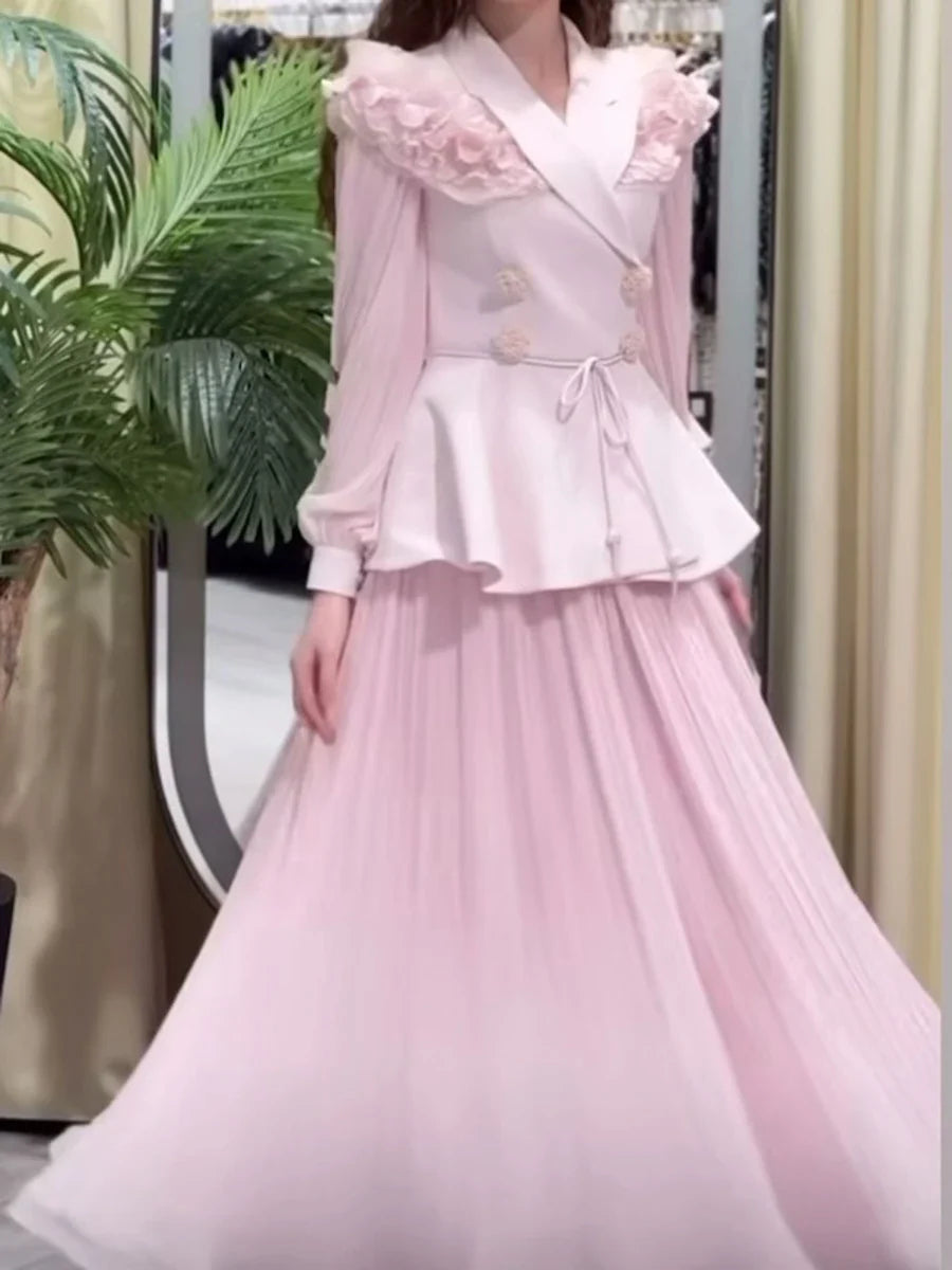 Slimming Two Piece Sets for Women Lapel Long Sleeves Spliced Double Bteasted Top Patchwork Mesh Skirt Female New PINK