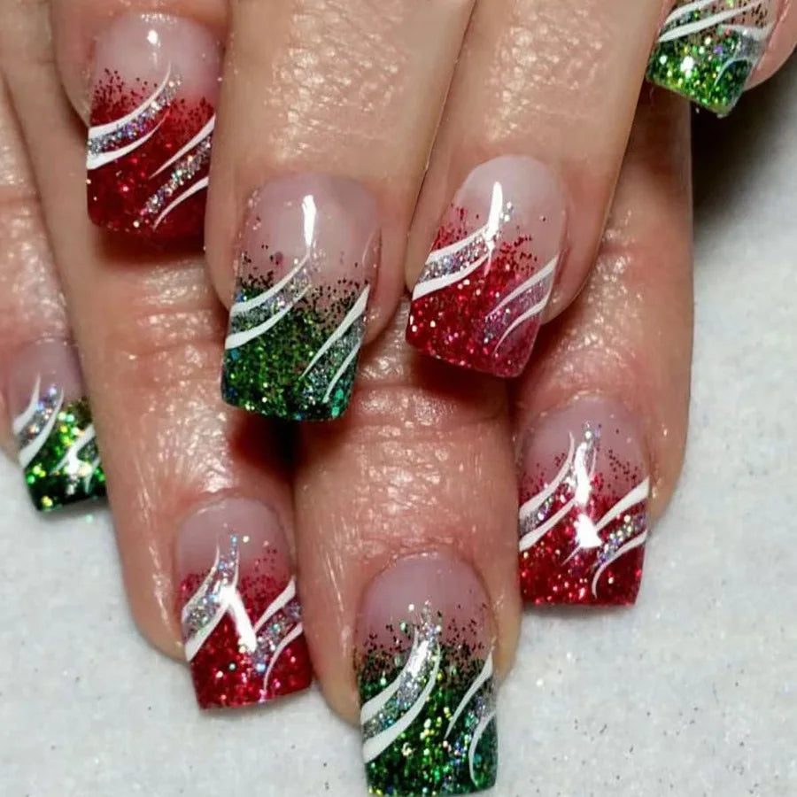 24pcs/set short fake nails for Christmas Square ballet winter false nail tips snow flakes christmas tree snowman press on nails 1644